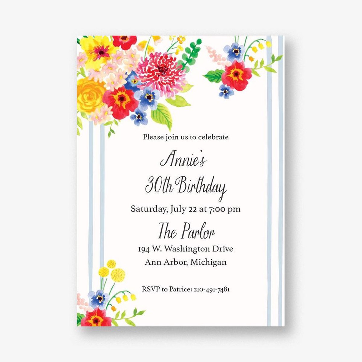 Floral Stripe Birthday Party Invitation