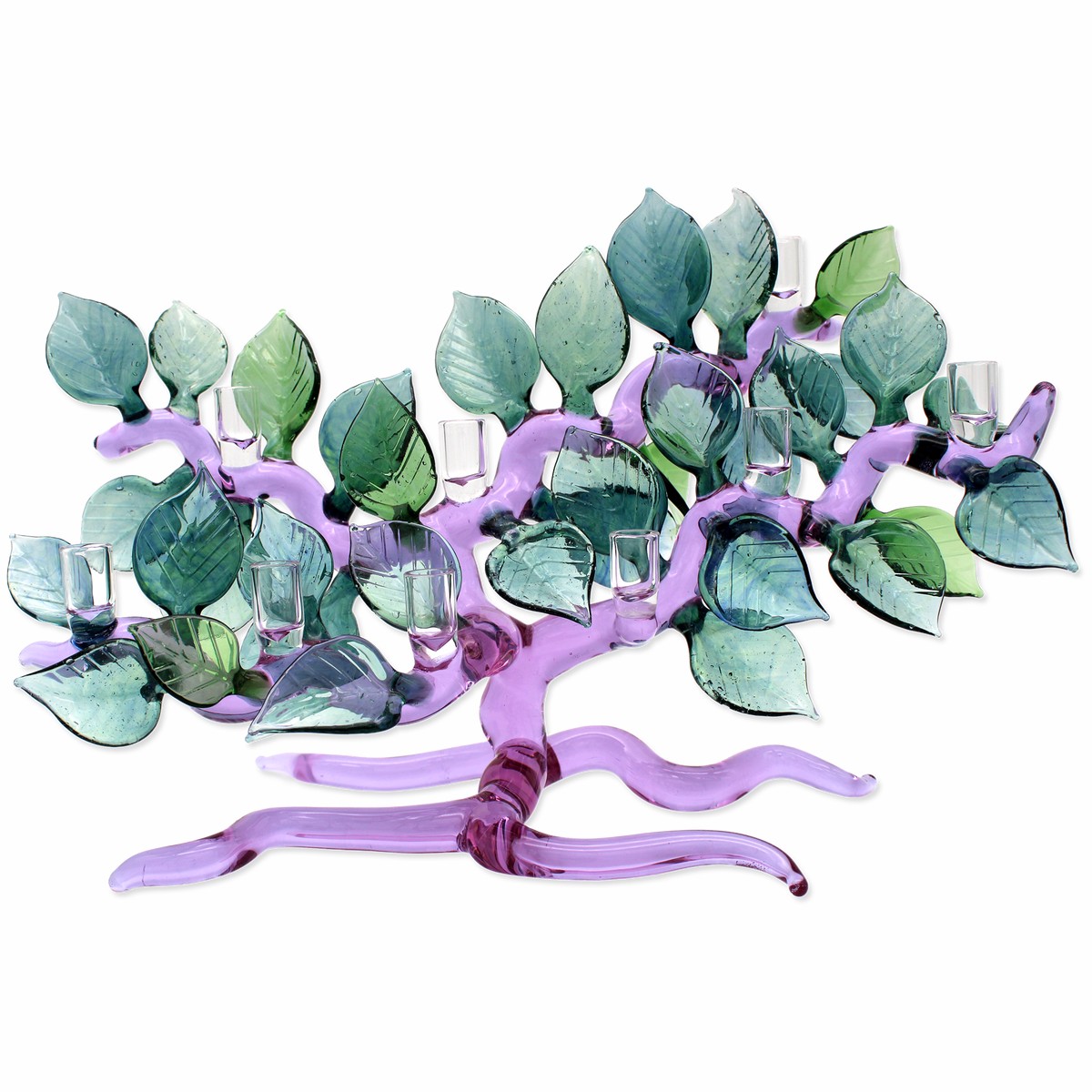 Glass Tree of Life Menorah, Lavender and Teal
