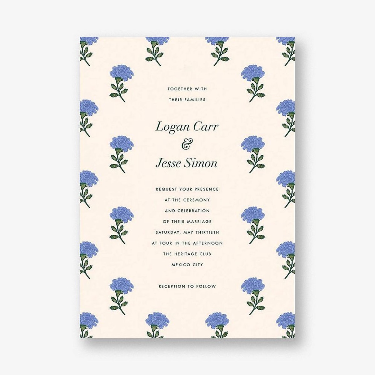 Dianthus Floral Blue Wedding Invitation