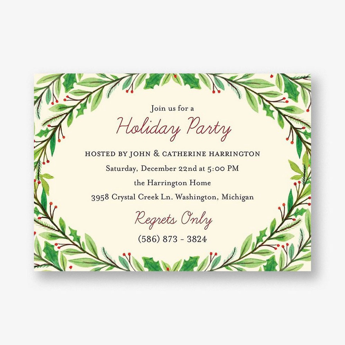 Watercolor Holly Holiday Party Invitation