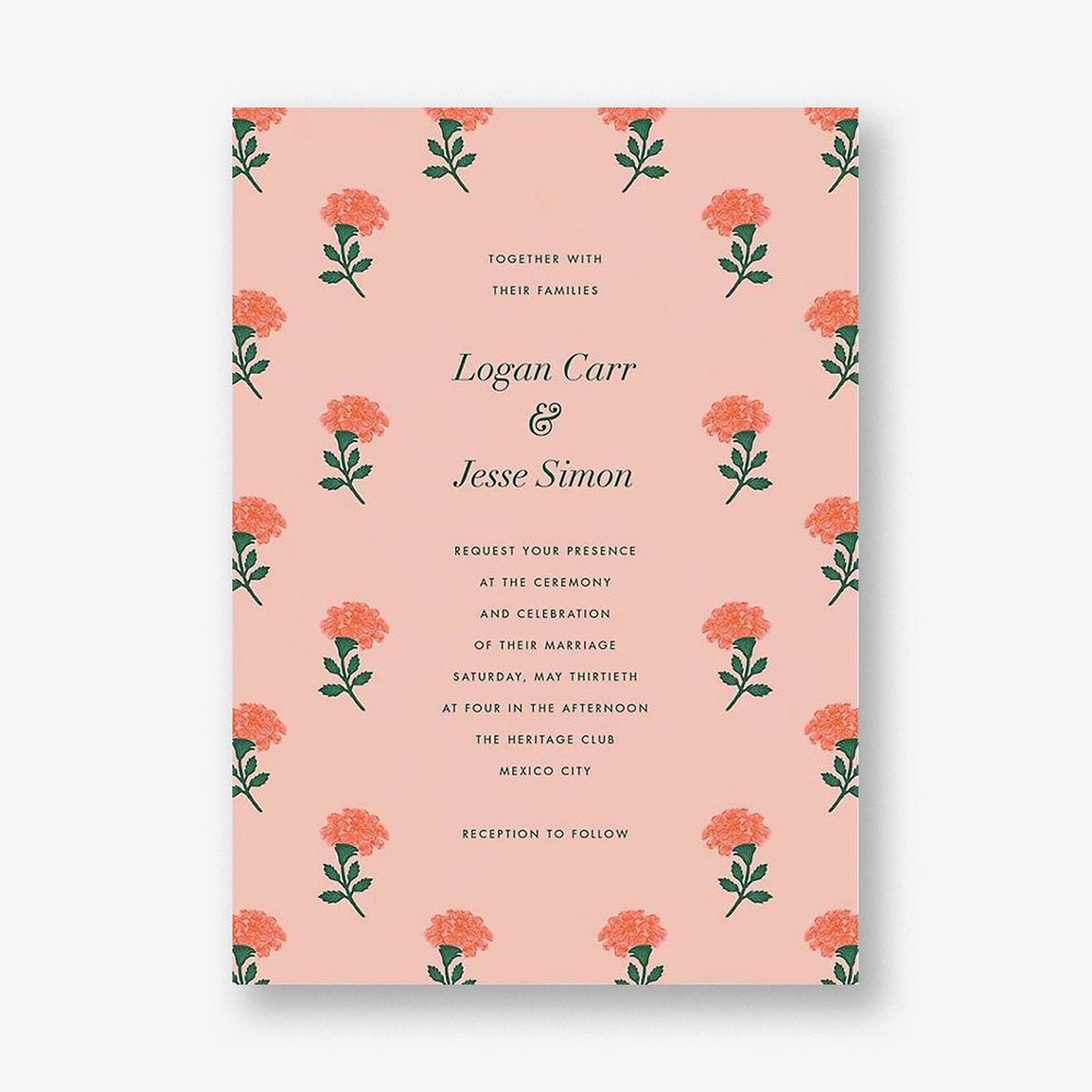 Dianthus Floral Coral Wedding Invitation