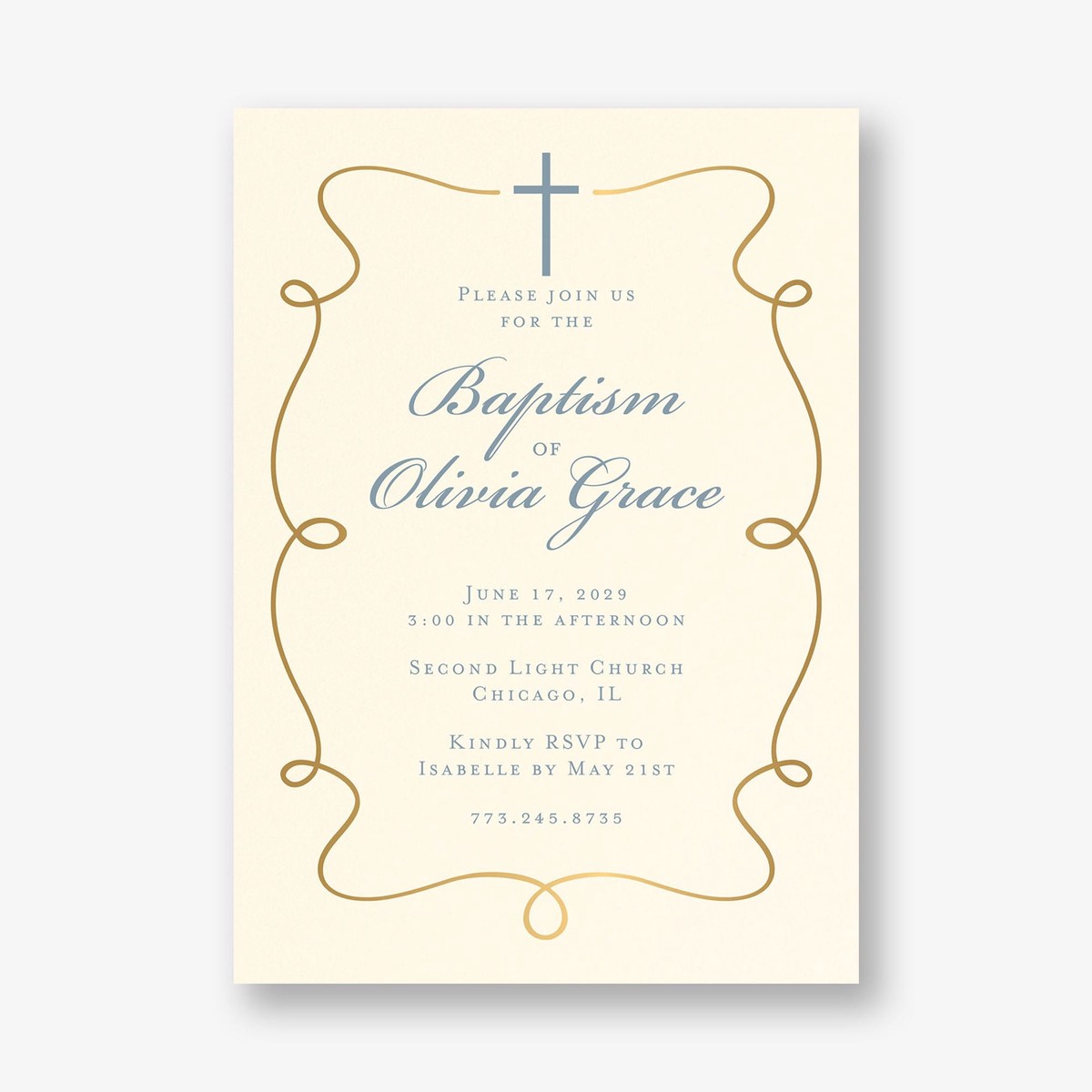 Scrollwork Cross Foil Baptism Invitation