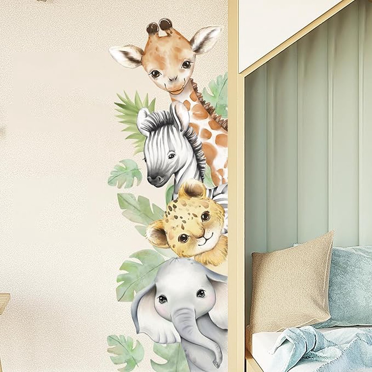 44.88x 15.75 Inch Watercolor Animal Wall Decals Jungle Animal Wall Stickers Tiger Elephant Giraffe Removable Peel and Stick Wall Decals for Nursery Playroom Bedroom Classroom Kindergarten 