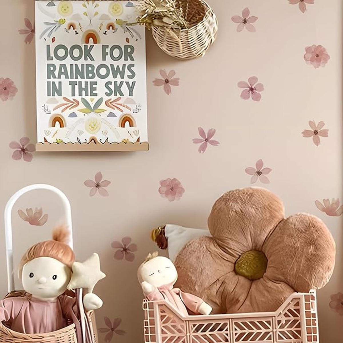 YouRfocus Daisy Wall Decals | 72 PCS Boho Flower Stickers for Girls' Rooms, Playrooms, and Nurseries | Dual Layer Print for High Coverage | Removable Peel and Stick Wall Decor (Pink-A) | 12 Sheets
