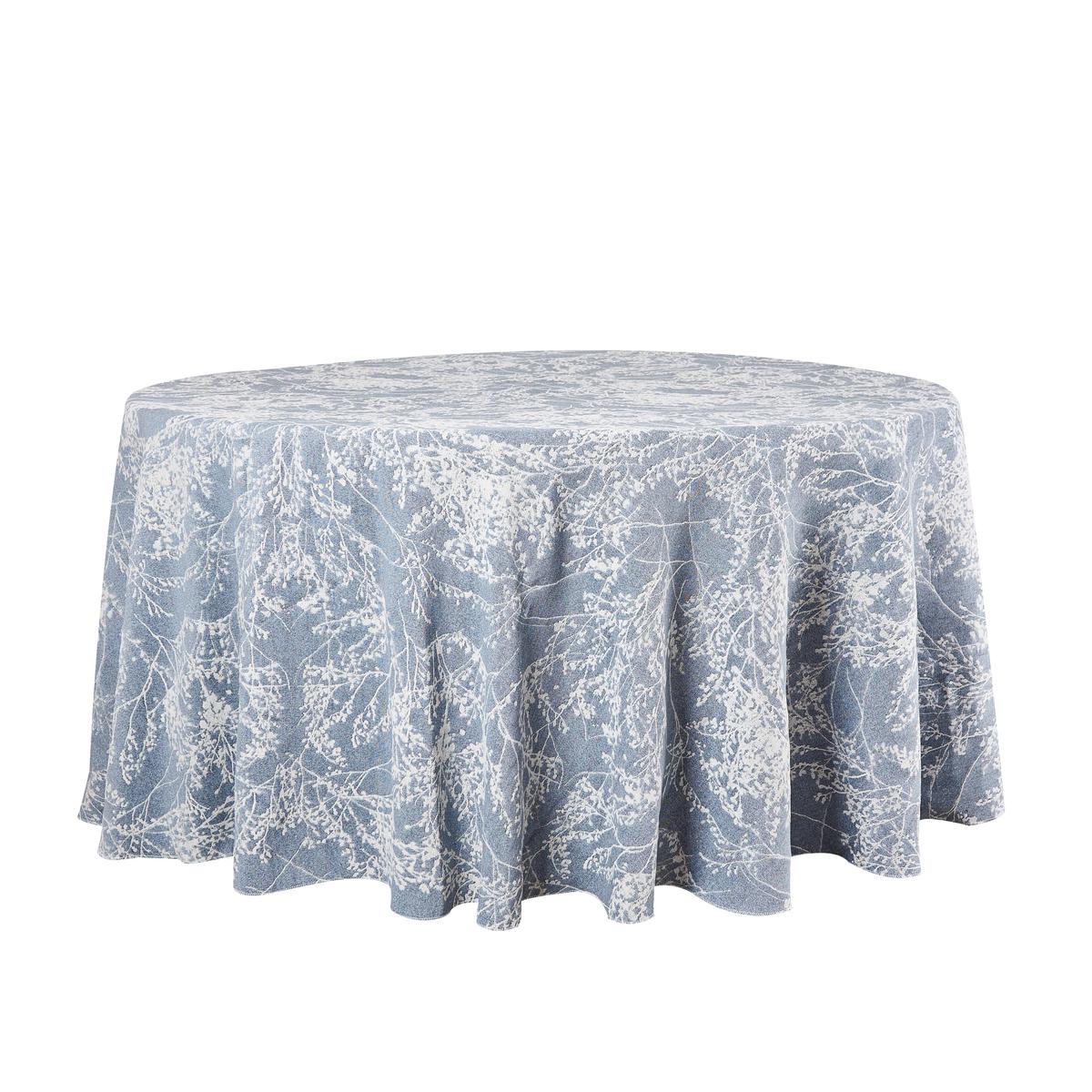 Leaf Branch Reversible Jacquard Tablecloth 132" Round  - Dusty Blue