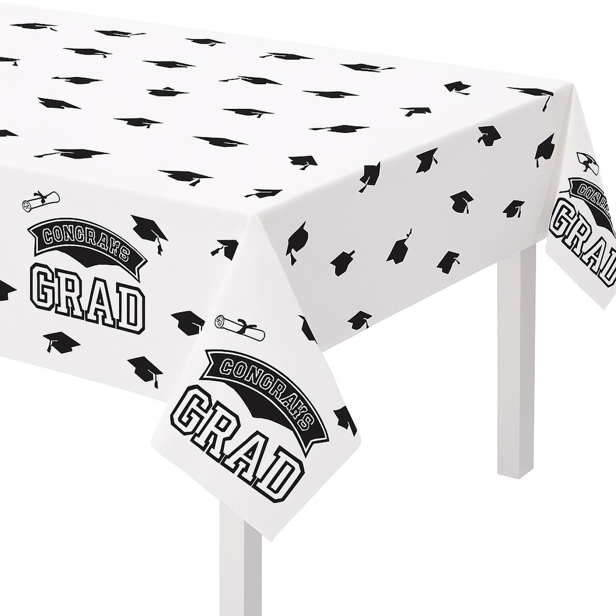 "Congrats Grad" Reusable Plastic Table Cover, Black/White, 54x84-in for Graduation