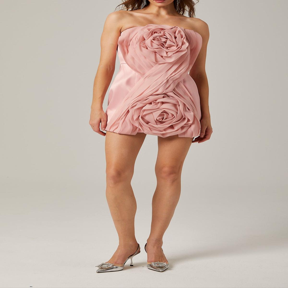 Yvonne pink strapless flower mini dress